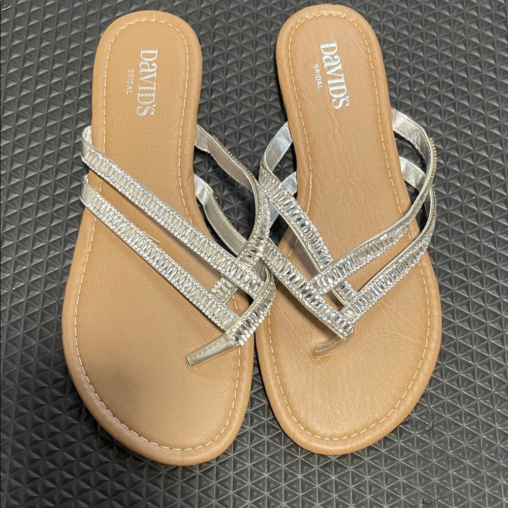 David's Bridal Silver Tan Sandals with Flat Sole